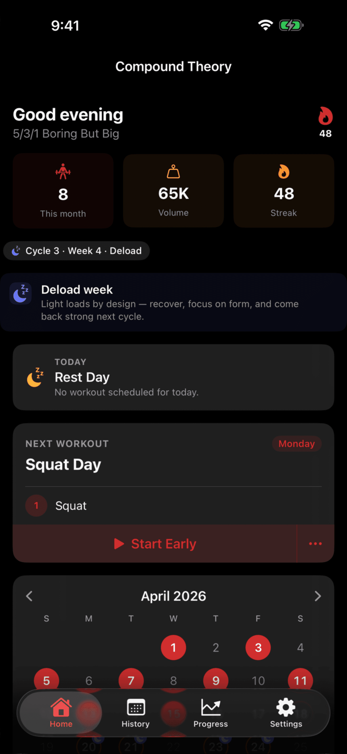 Compound Theory home dashboard mid-workout, with the next working set queued.
