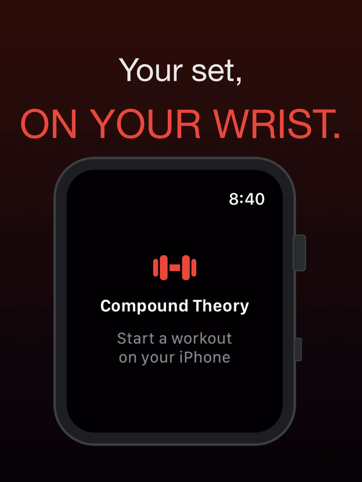 Compound Theory on Apple Watch — active set screen showing 225 lb bench at set 3, 5 reps.